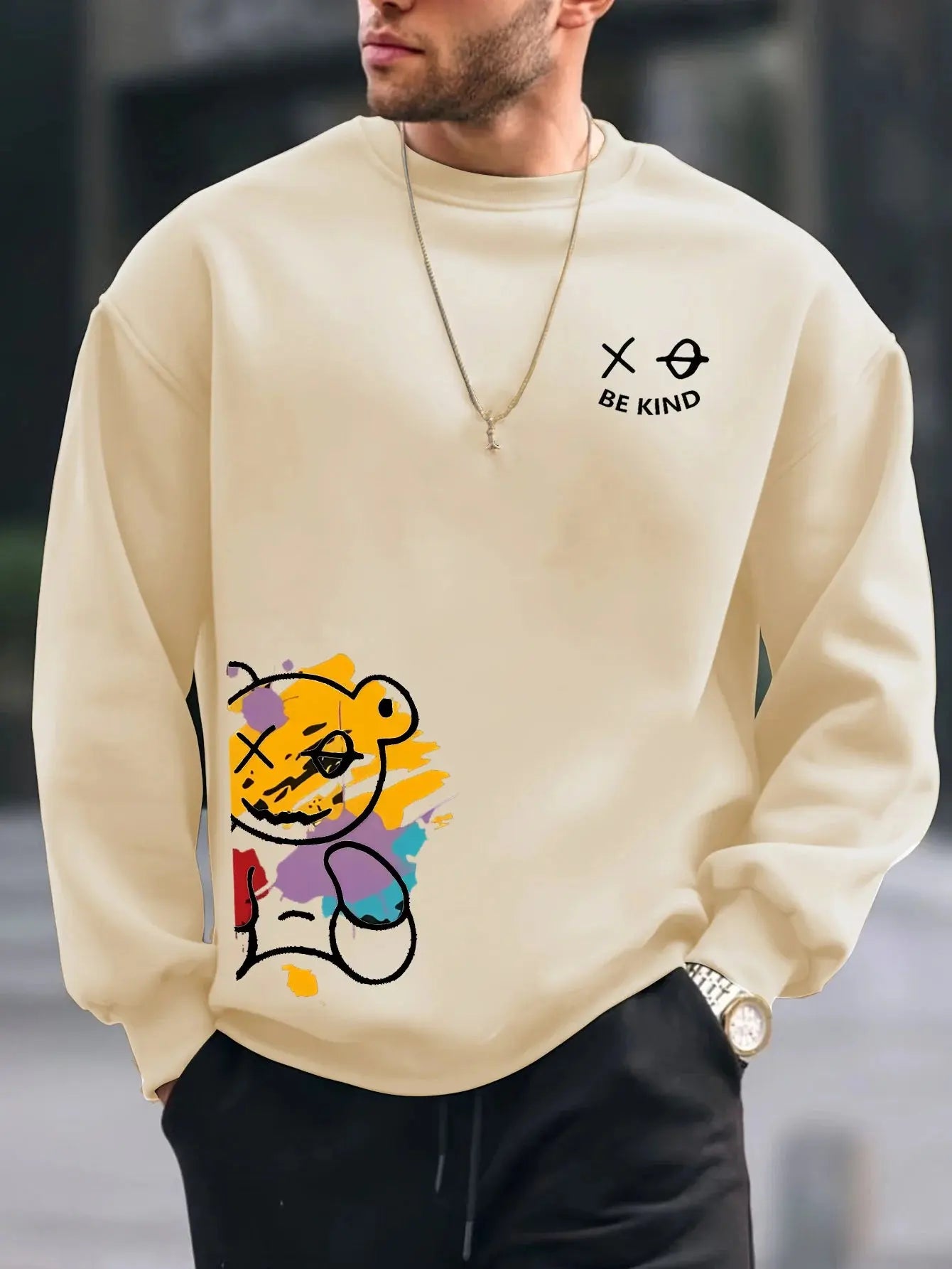 Men's sweatshirt autumn and winter fashionable casual loose BE KING bear cartoon printed fleece pullover round neck long sleeved sweatshirt Lizbert