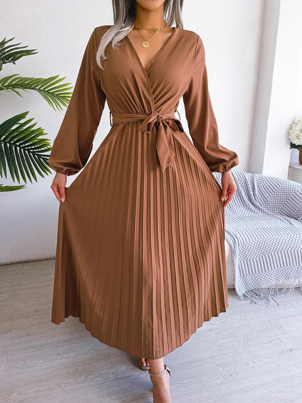 Women Elegant V Neck Long Sleeve Pleated Maxi Dress - Lizbert
