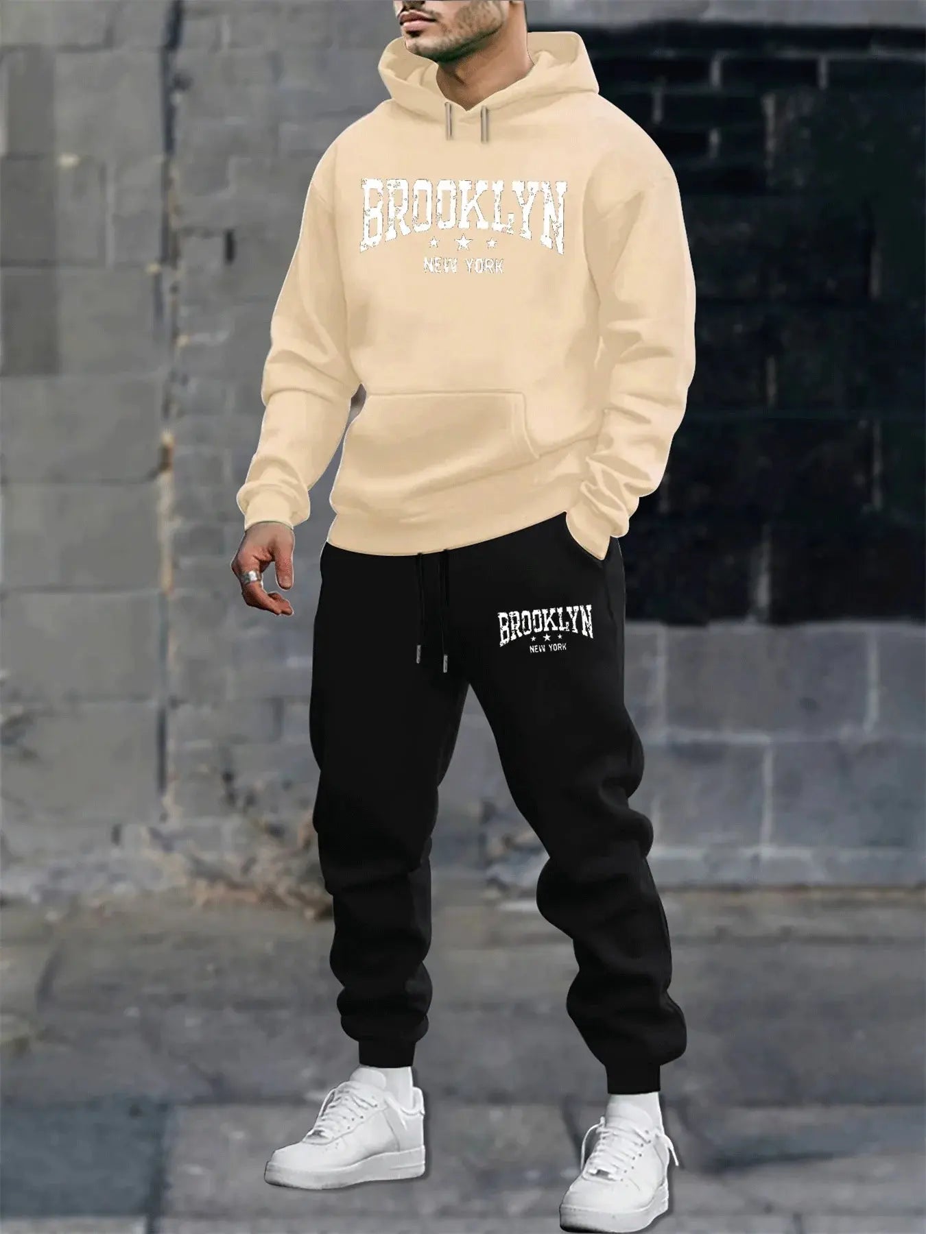 men's sweatshirt  autumn and winter casual fashion warm Brooklyn New York letter printed loose plush thick hooded sweatshirt+sweatpants set Lizbert