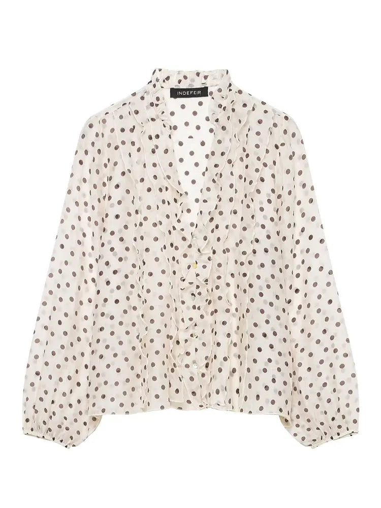 HH 2026 Spring Summer Trend Women Polka Dot Ruffled V Neck Blouse Long Sleeve Buttons Shirts Elegant Lady Chic Thin Shirt Tops Lizbert