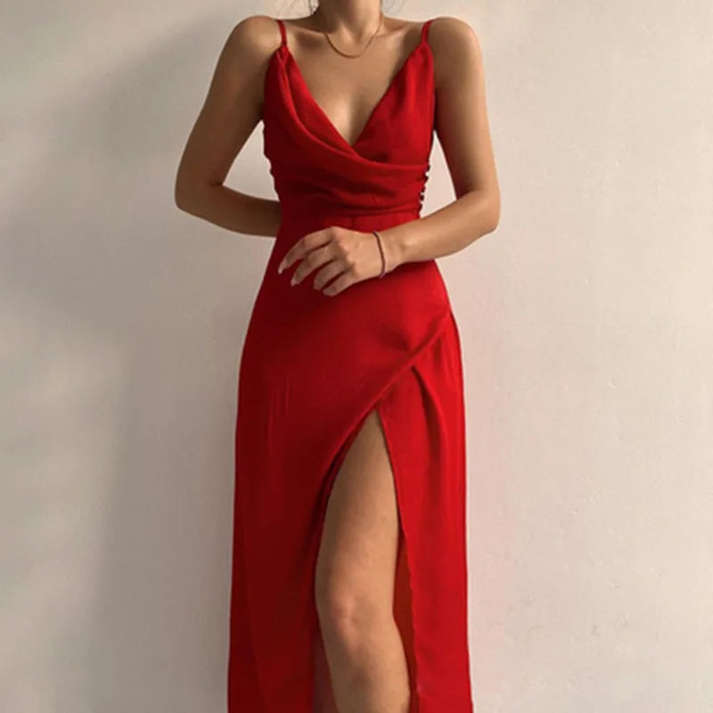 Women Elegant Strap Sleeveless V Neck High Waist Folds Halter Slit Evening Long Dress Night Clubwear Sexy Corset Party Dress - Lizbert