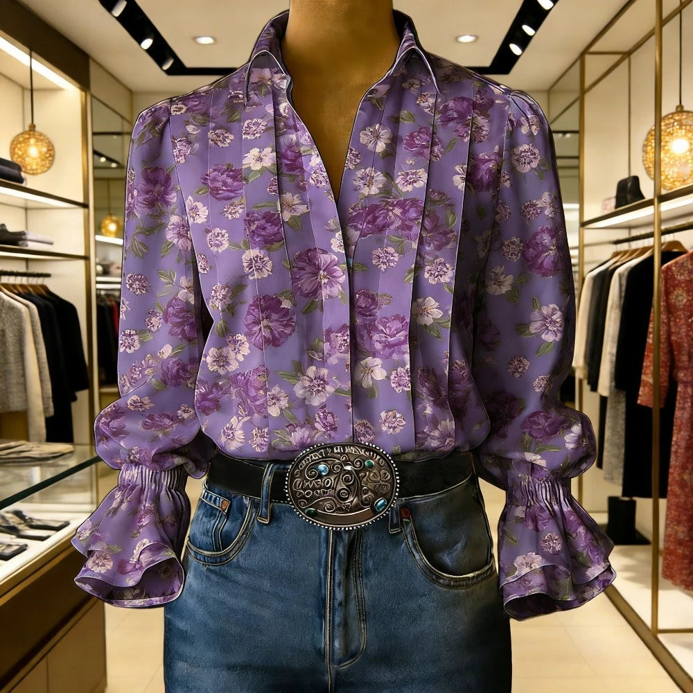 Pop Art Style Yellow Polka Dot Blouse Women's Vintage 70s Retro Shirt Flare Bell Sleeves & Turn-Down Collar Loose Fit Casual Top Lizbert