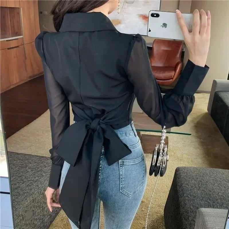 Womens Crop Tops 2024 Blusas Mujer De Moda V-neck Bandage Bow Slim Waist Chiffon Blouses Korean Elegant White Shirt Lizbert