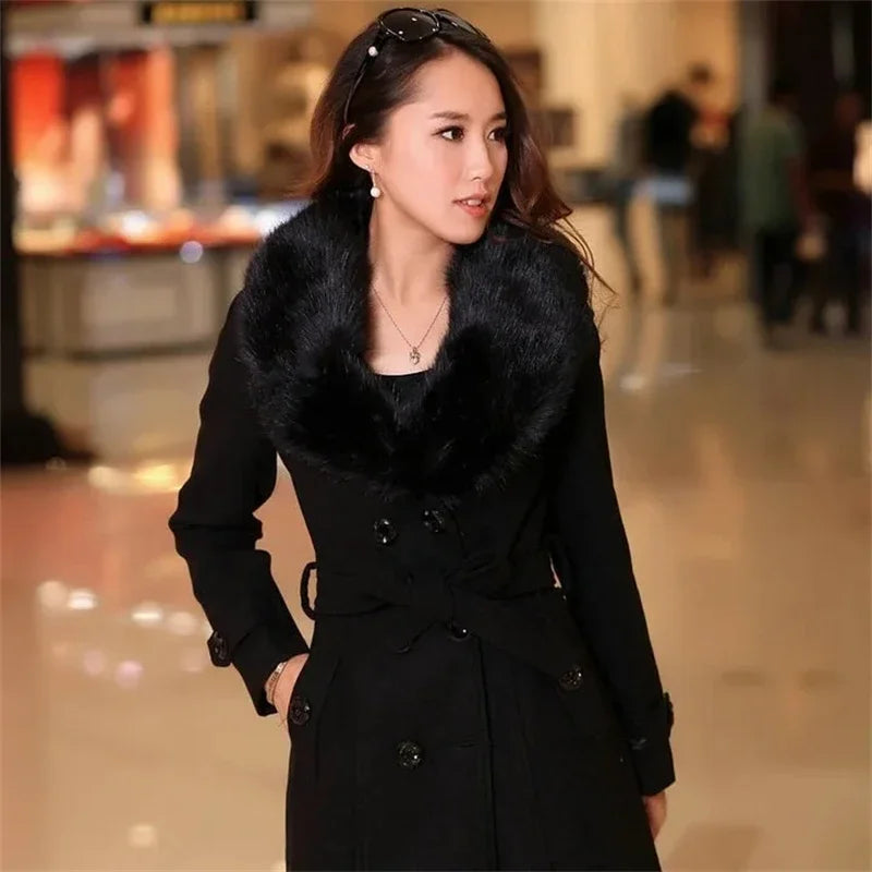 Korean Fashion Women Casual Loose Woolen Coat Elegant and Chic Solid Outerwear Long Overcoat with Belted Female Warm Cloak Lizbert