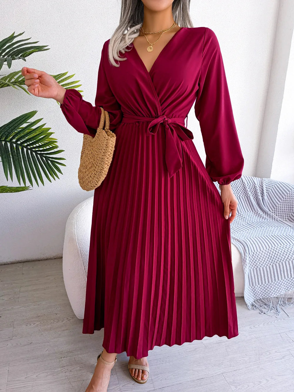 Women Elegant V Neck Long Sleeve Pleated Maxi Dress - Lizbert