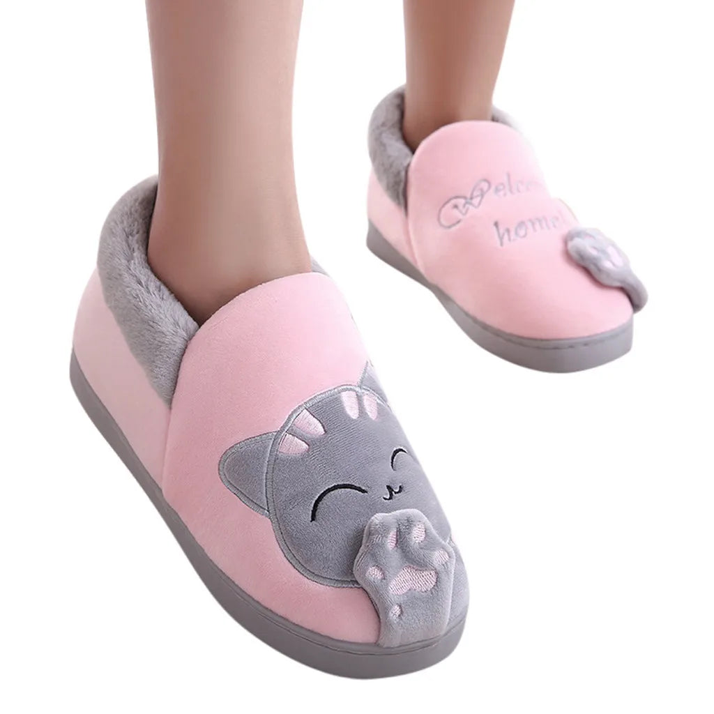Women Winter Home Slippers Cartoon Cat Non-Slip Warm Indoors Bedroom Floor Shoes Zapatos Mujer 2024 Tendencia
