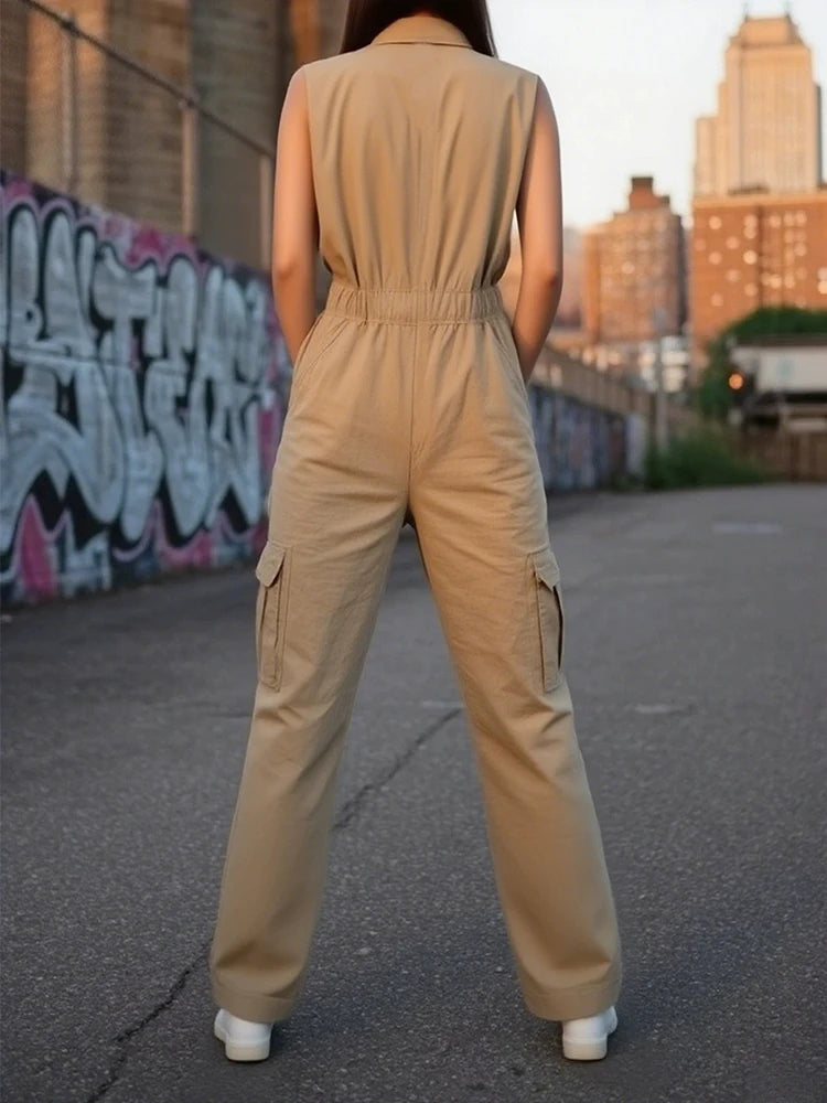 Fashion Lapel Sleeveless Jumpsuit Elegant Lady Solid Zipper Commute Romper Summer New High Waist Pocket Women Playsuits Overalls