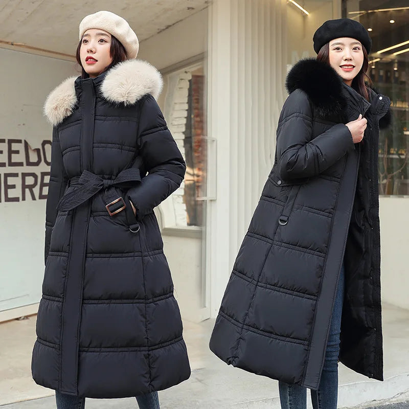 Winter 2025 New Women's Clothing Thickened Long Style Over the Knee Big Fur Collar Hooded Cotton Jacket Down Cotton Jacket Cot Lizbert