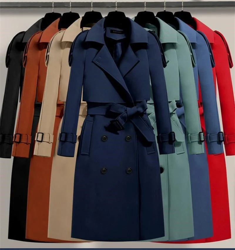 Women Long Trench Coat Fashion Windproof Coat Double Breasted Trench Coats Green Belt Windbreaker Spring Autumn Female Outerwear Lizbert