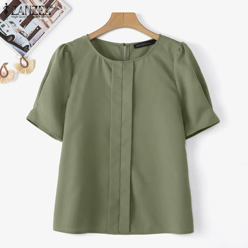 ZANZEA Korean Women Fashion Blouse Summer Short Sleeve Tunic Tops Casual Pleated Solid Color Shirts O-Neck Loose Blusas Feminina Lizbert