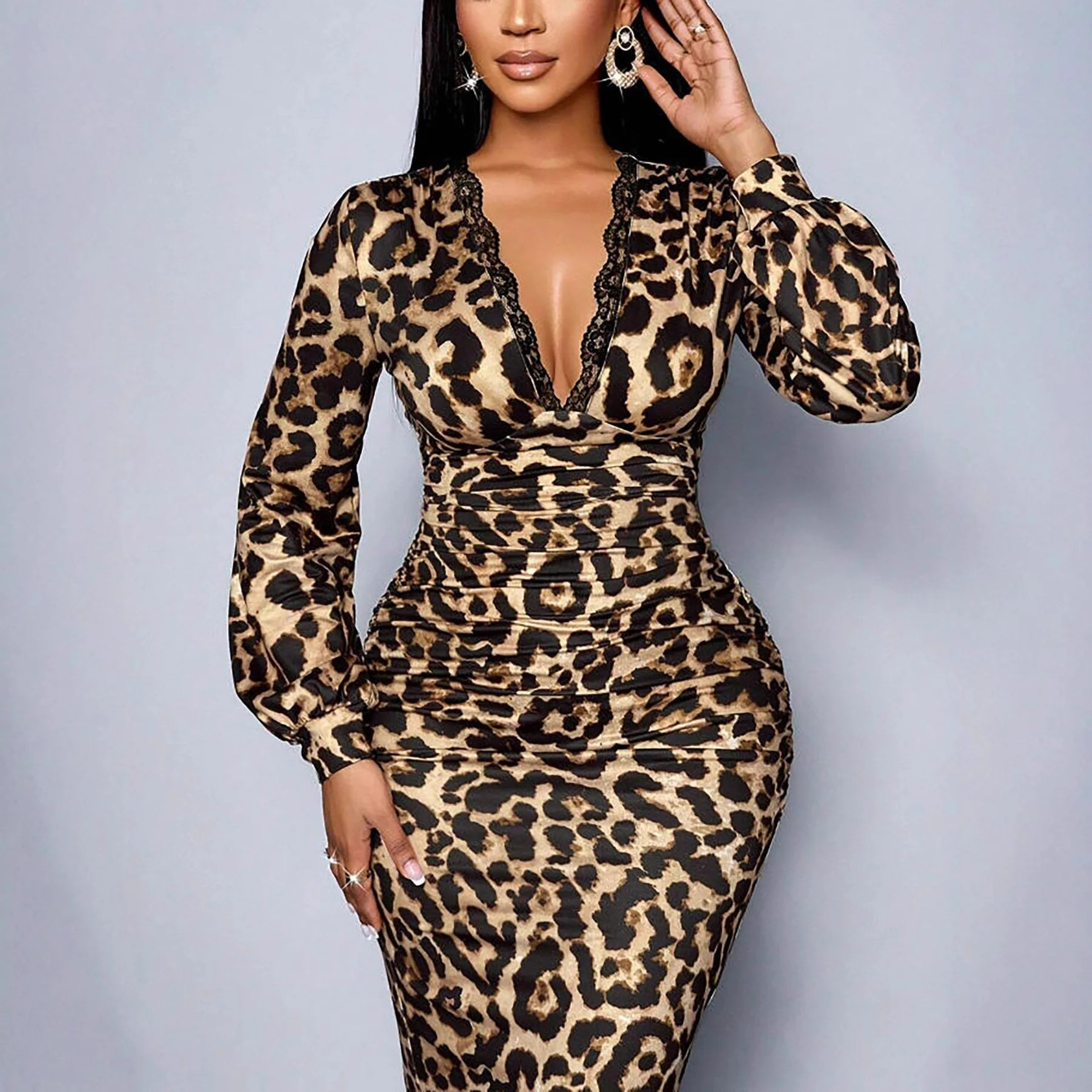 Leopard Printed V-Neck Dress Women's2026 Spring Summer Lace Long Sleeve High Waist Club Party Dress Fashion Street Trend Dress