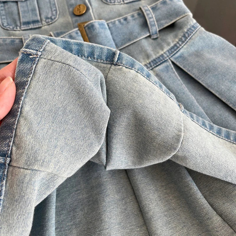 Summer New Girls Denim Dress Belt Decoration Lapel Collar Sleeveless Tutu Princess Dress For 2 -10 Years Kids Fashion Dress Lizbert
