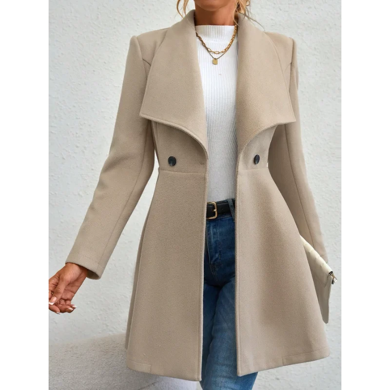 Europe America Autumn Winter New Style Womens Woolen Coat Fashion Trendy Lapel Button Slim Fit Solid Color Versatile Overcoat Lizbert