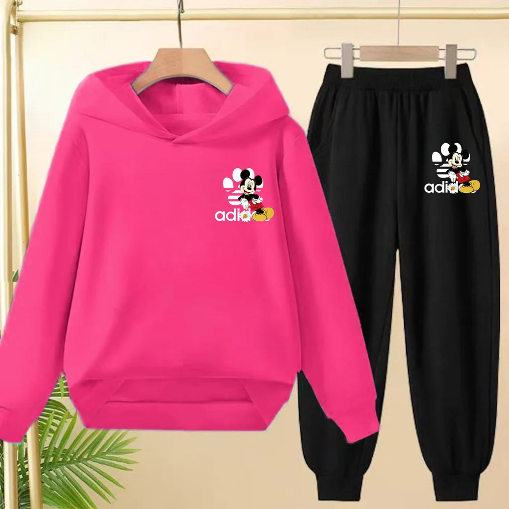 Children's Black Hoodie Anime Mickey Print Pullover 3-12Yrs Coat Sweatshirt+Pants Boys Girls Toddler Sports Clothing Leisure Set