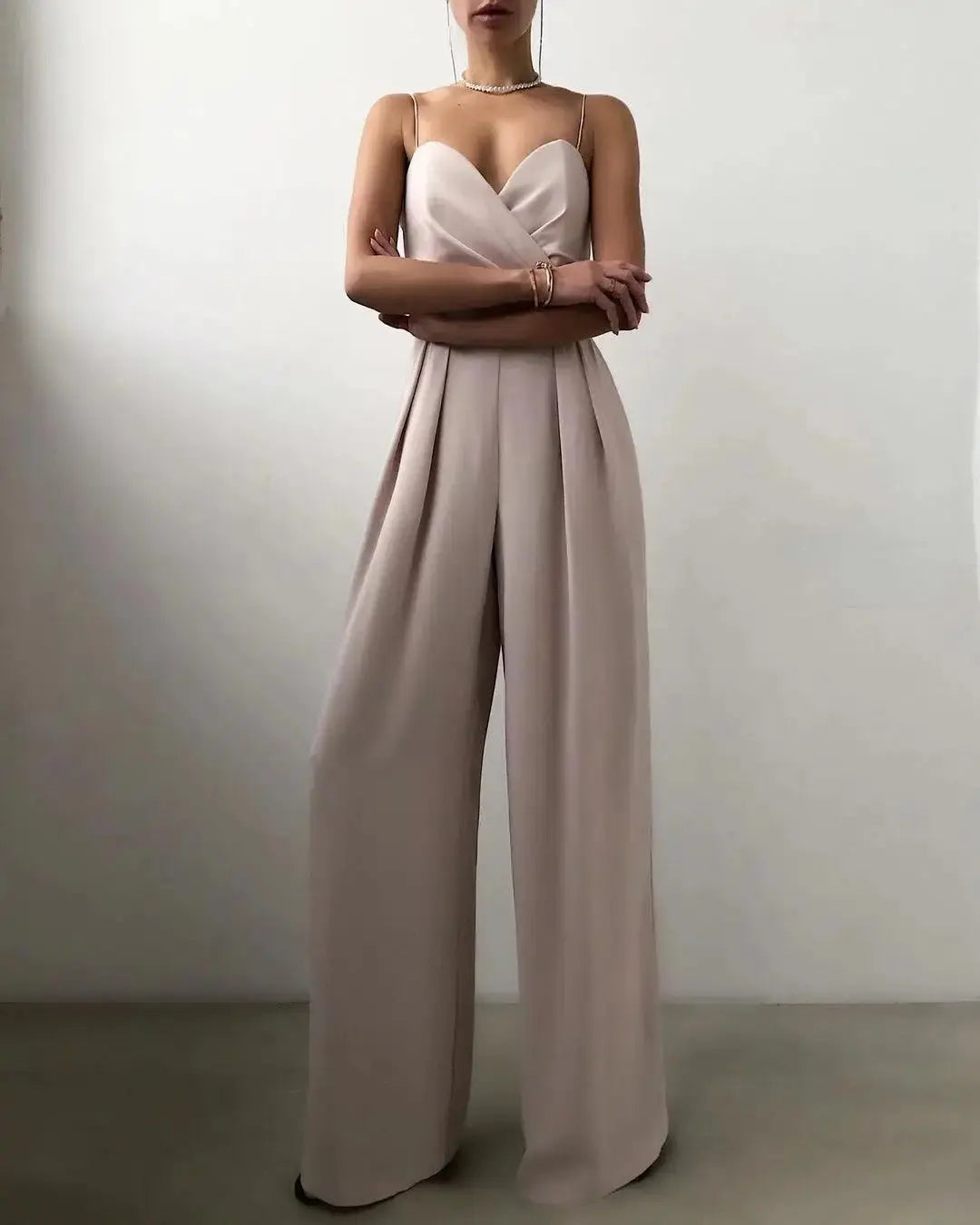 Chic Spaghetti Straps Wide Leg Pants Jumpsuits Elegant Fashion Women Ladies V-Neck High Waist Long Rompers Sleeveless Suit Lizbert