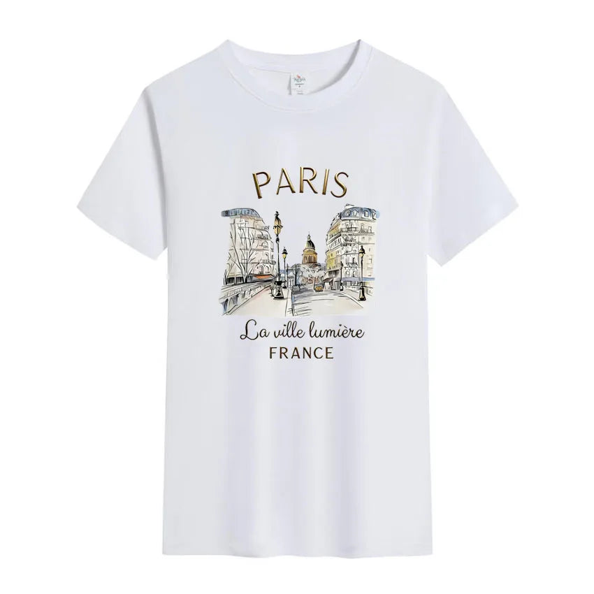 Summer Men's Short Sleeved T-shirt 90s T Shirt Paris  Printed High-Quality Cotton Solid Color Fashion Casual Cool Women/Men Tops