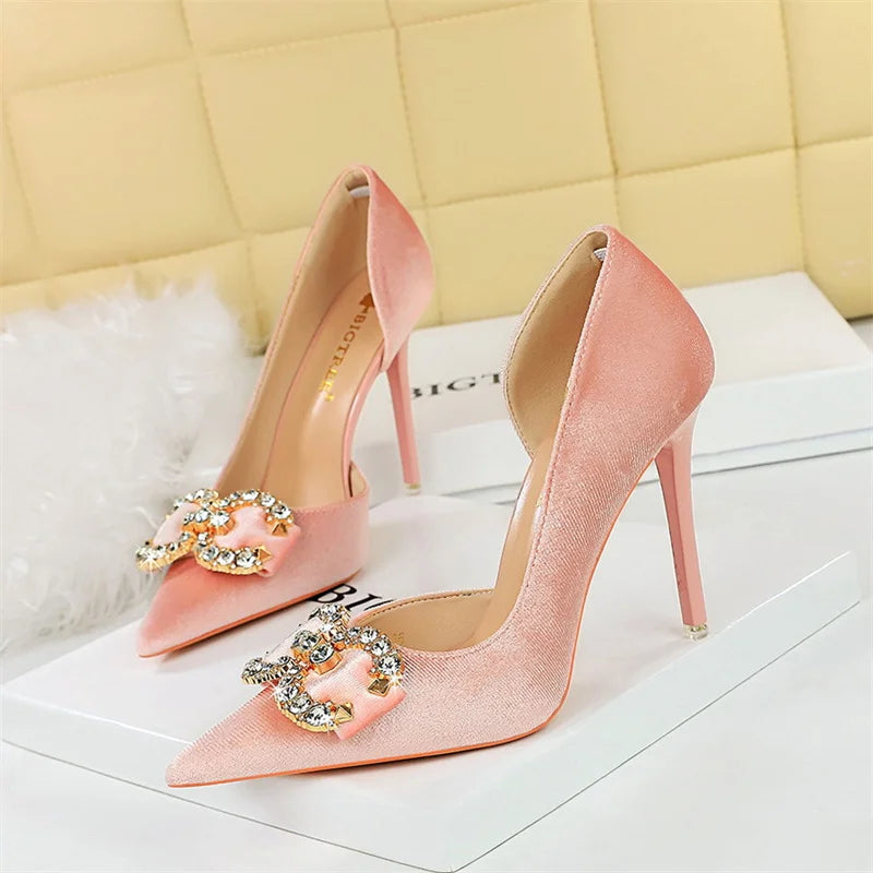 Fashion Women High Heel Rhinestone Buckle Bow Green Pink Pointed Toe Party Pumps Velvet Luxury Elegant Wedding Evening Shoes Lizbert
