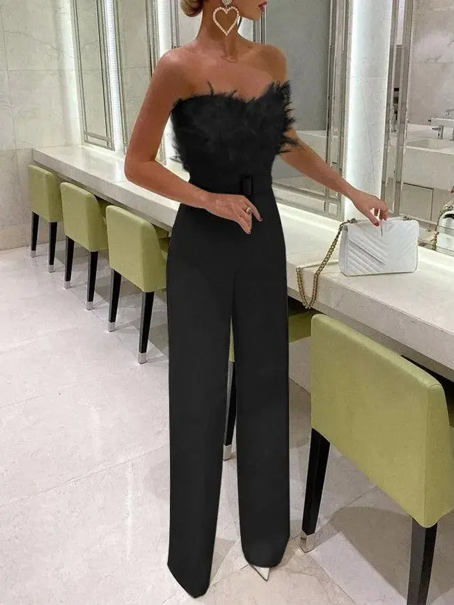 Jumpsuit Women Elegant Long Jumpsuit Strapless Slash Neck Feather Tube Top Sexy Fashion Party Night Evening Jumpsuit 2021 Summer Lizbert