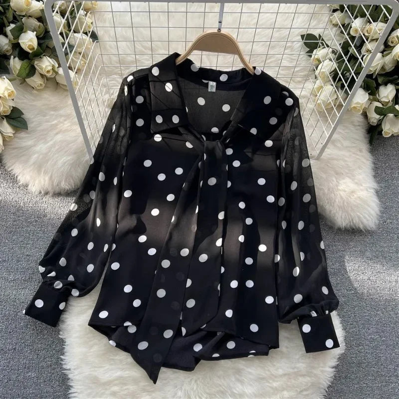 Chiffon Shirt Sweet Polka Dot Tops Blusas Femininas Elegantes Blouse Vintage Black Shirts Y2k New 2025 Spring Thin Lizbert