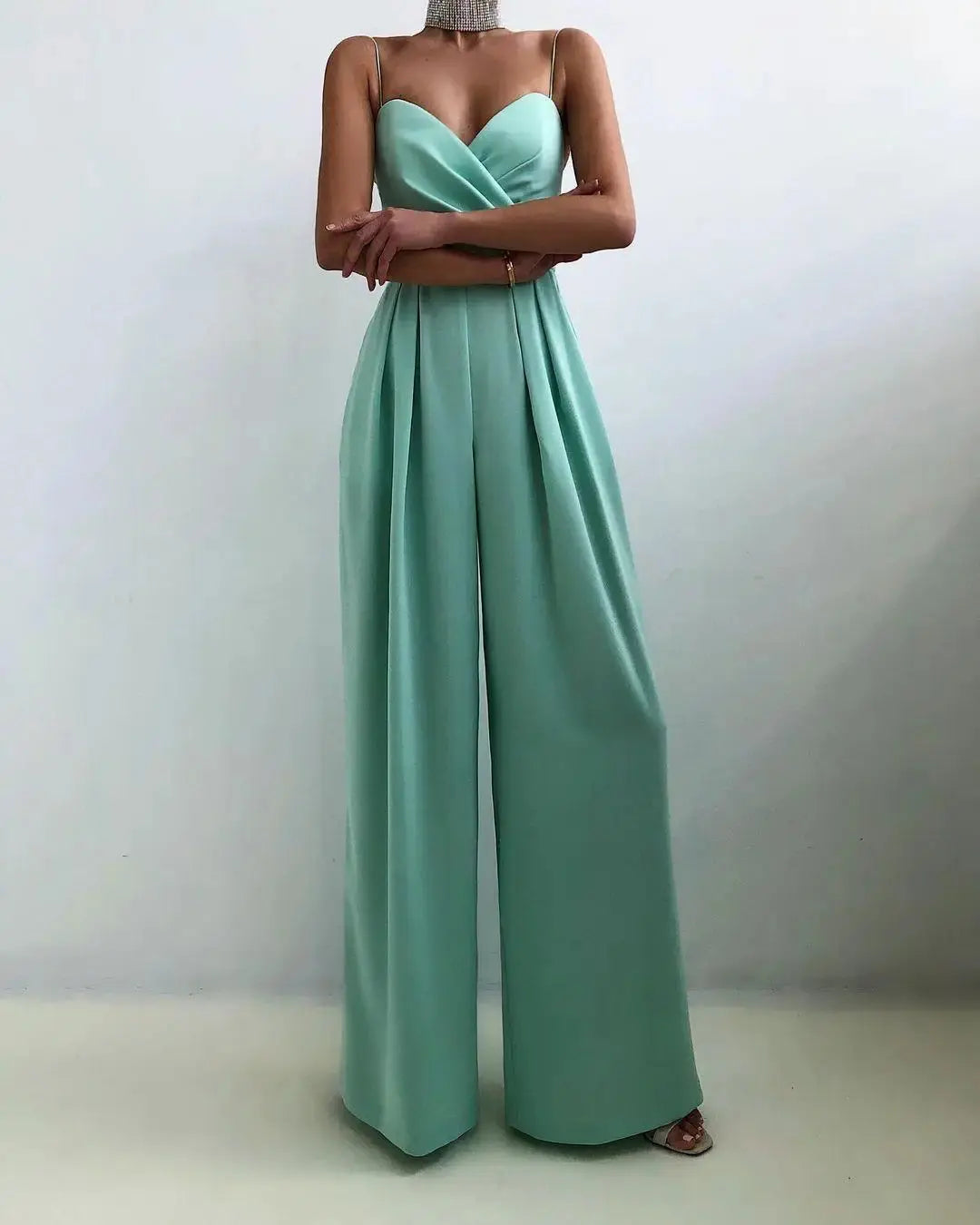 Chic Spaghetti Straps Wide Leg Pants Jumpsuits Elegant Fashion Women Ladies V-Neck High Waist Long Rompers Sleeveless Suit Lizbert