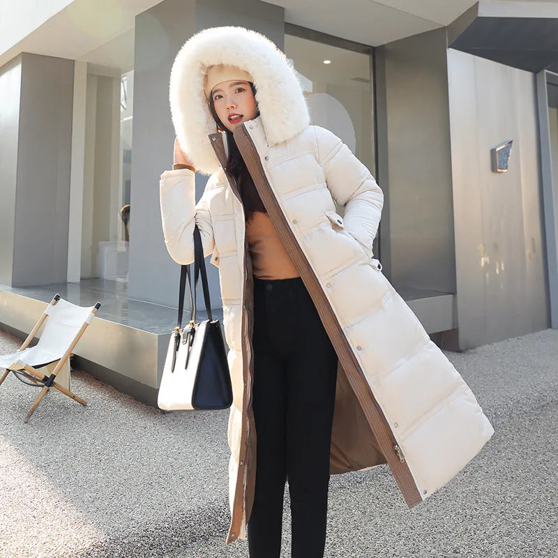 Winter 2025 New Women's Clothing Thickened Long Style Over the Knee Big Fur Collar Hooded Cotton Jacket Down Cotton Jacket Cot Lizbert