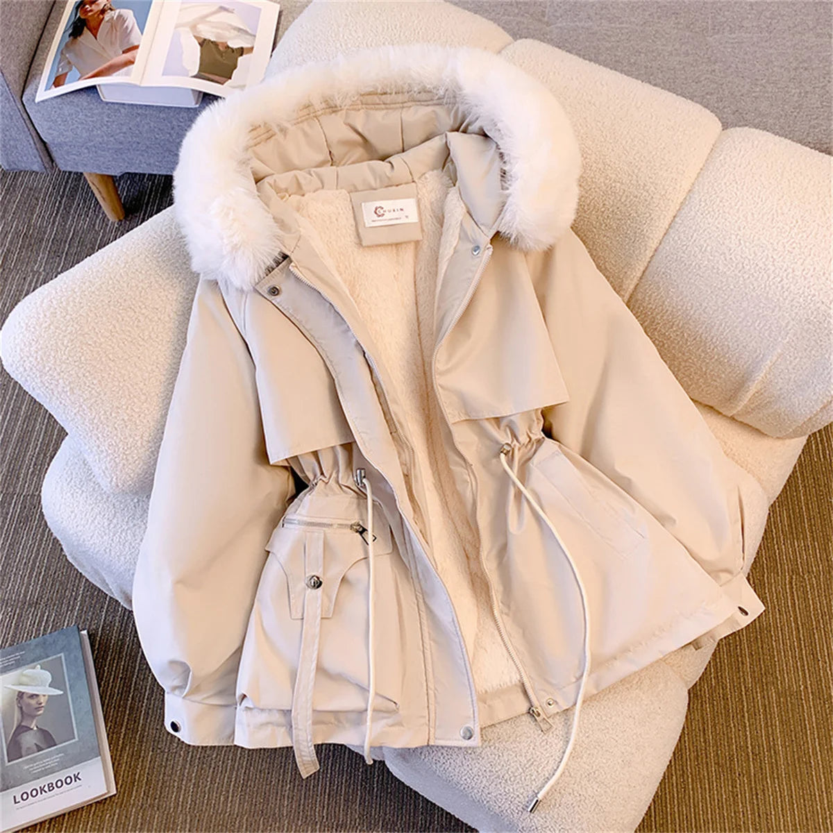Women Autumn Winter Fashion Coats Korean Hooded Drawstring Padded Jackets Solid Female Casual Street Outfit Coat Zip Up Parkas Lizbert