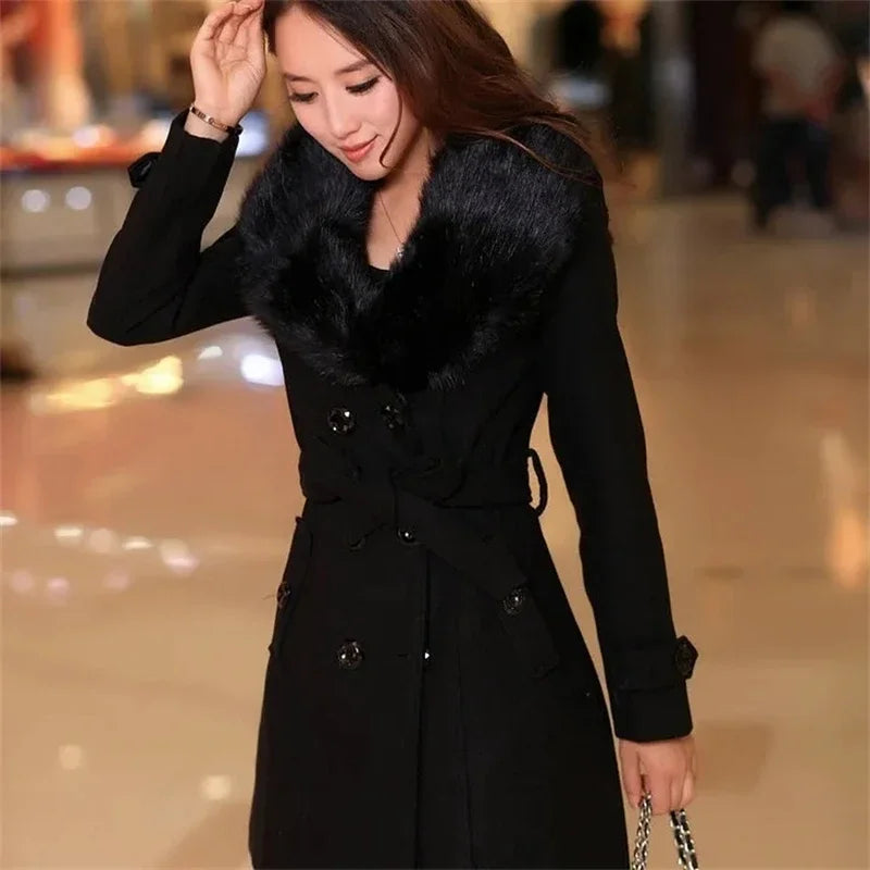 Korean Fashion Women Casual Loose Woolen Coat Elegant and Chic Solid Outerwear Long Overcoat with Belted Female Warm Cloak Lizbert