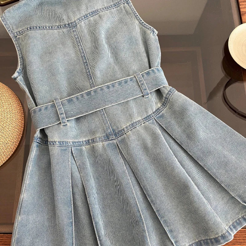 Summer New Girls Denim Dress Belt Decoration Lapel Collar Sleeveless Tutu Princess Dress For 2 -10 Years Kids Fashion Dress Lizbert