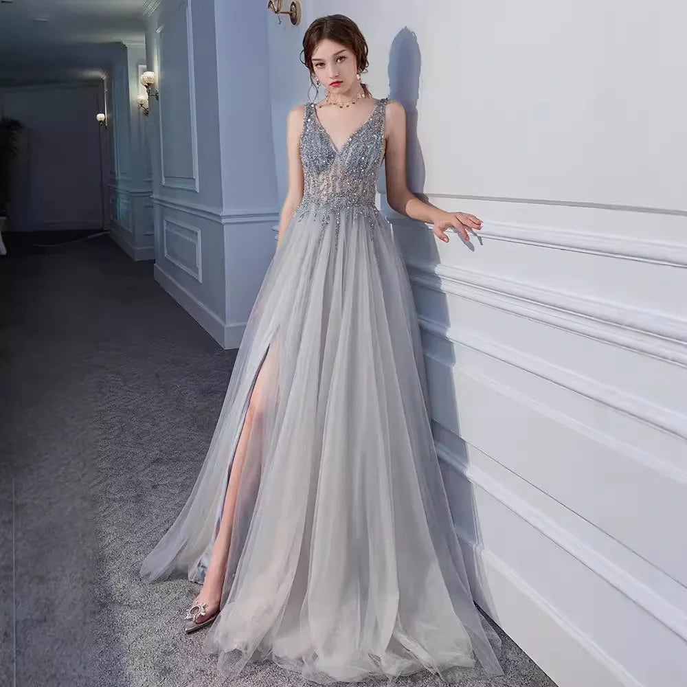 Summer Long Elegant Evening Party Gown V-Neck Prom Dresses Backless A-line Maxi Women Vestidos - Lizbert
