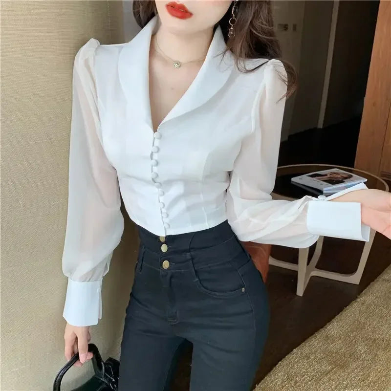 Womens Crop Tops 2024 Blusas Mujer De Moda V-neck Bandage Bow Slim Waist Chiffon Blouses Korean Elegant White Shirt Lizbert