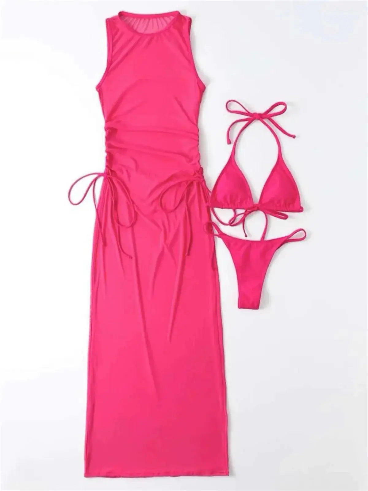 Sexy Sleeveless Mesh Bikini Cover Up Green White Dress 3 Piece Swimsuit Beach See Through Beach Bathing Suit Thong Swimwear 2024 Lizbert