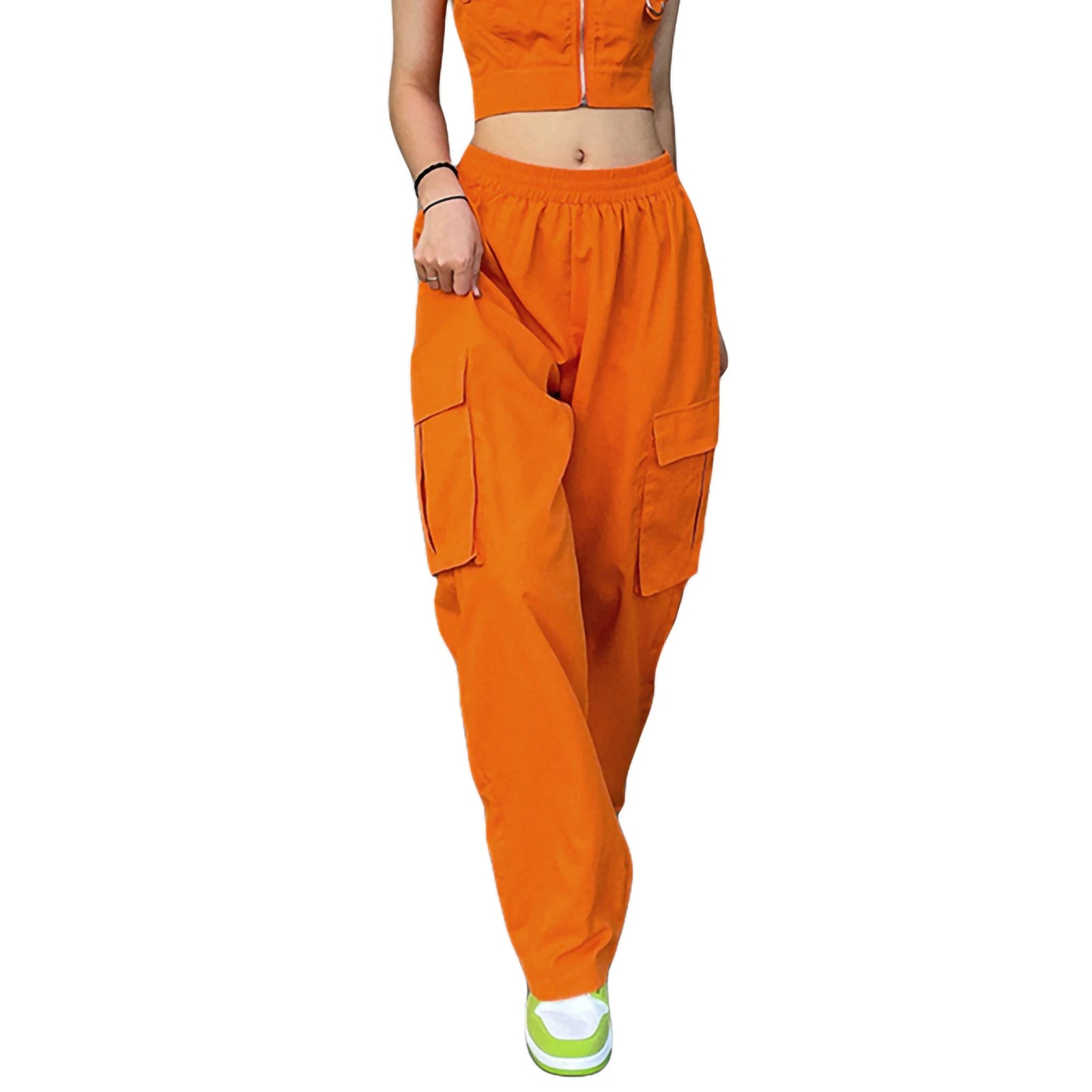 New Women's Casual Pants, Elastic Waist Solid Color Straight Leg Pocketed Loose Cargo Trousers - Lizbert