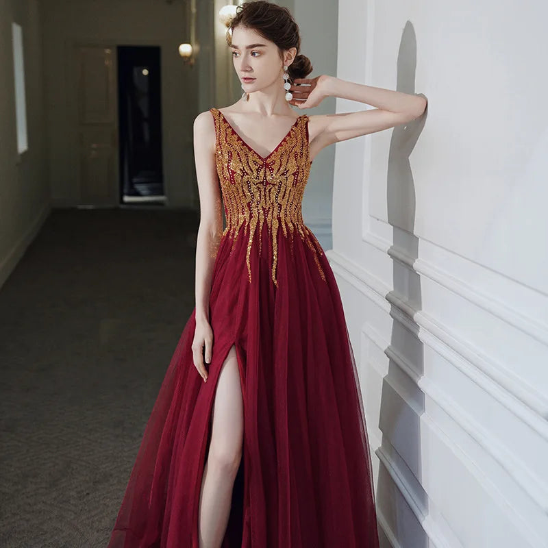 Summer Long Elegant Evening Party Gown V-Neck Prom Dresses Backless A-line Maxi Women Vestidos - Lizbert