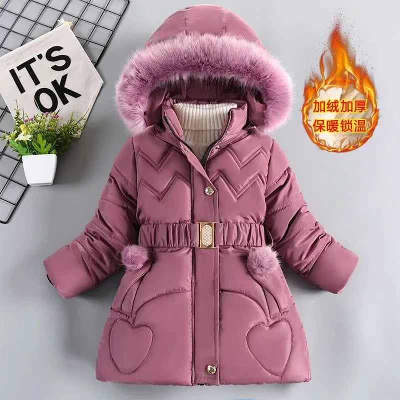 4 5 6 8 10 Years Winter Girls Coat Keep Warm Thicken Kids Jacket Hooded Zipper Fur Collar Princess Outerwear Children's Clothing Lizbert