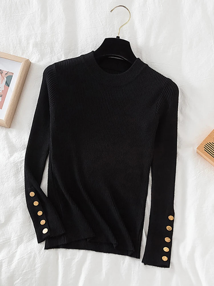 2025 women thick sweater pullovers khaki casual autumn winter button o-neck chic sweater female slim knit top soft jumper tops - Lizbert