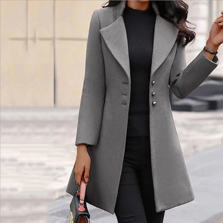 European and American autumn and winter coat Korean solid color slim mid-length button woolen coat Lizbert