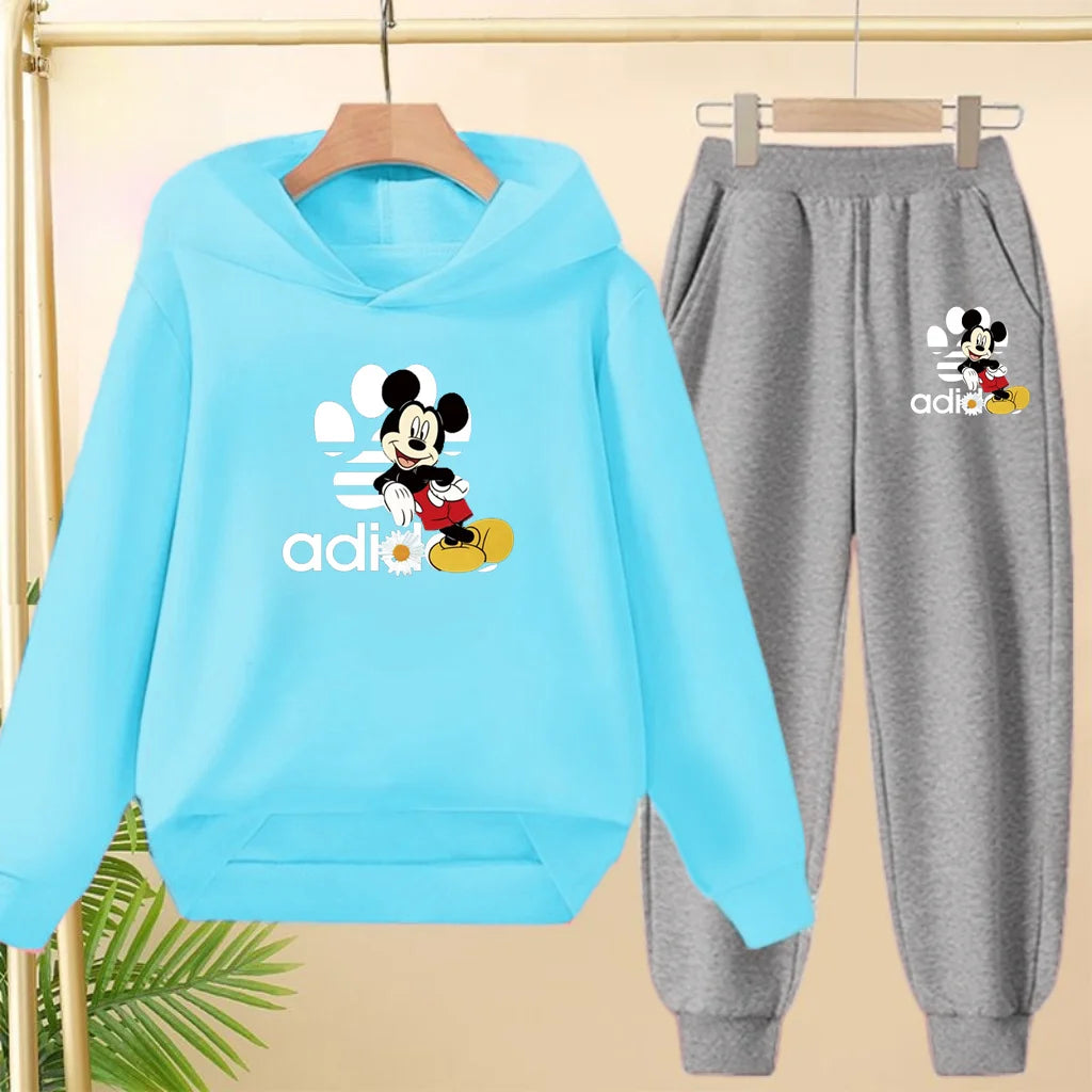 Children's Black Hoodie Anime Mickey Print Pullover 3-12Yrs Coat Sweatshirt+Pants Boys Girls Toddler Sports Clothing Leisure Set