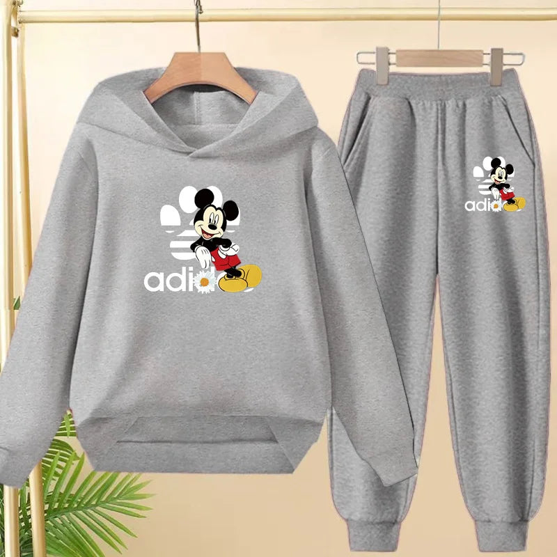 Children's Black Hoodie Anime Mickey Print Pullover 3-12Yrs Coat Sweatshirt+Pants Boys Girls Toddler Sports Clothing Leisure Set