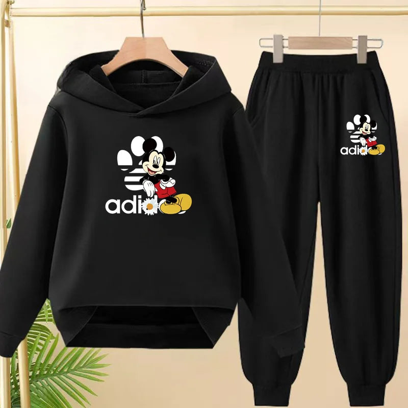 Children's Black Hoodie Anime Mickey Print Pullover 3-12Yrs Coat Sweatshirt+Pants Boys Girls Toddler Sports Clothing Leisure Set