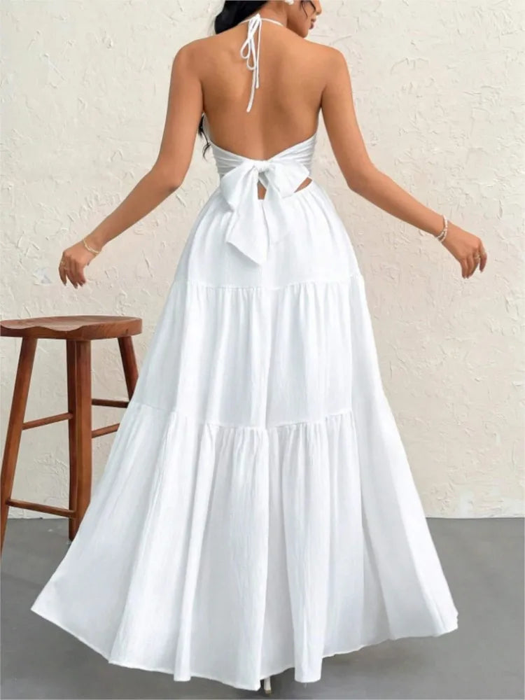 Sexy Deep V Neck Dress Lady Elegant Solid Halter Sleeveless Backless Loose Dresses For Women Fashion Beach Holiday Skirt Clothes - Lizbert