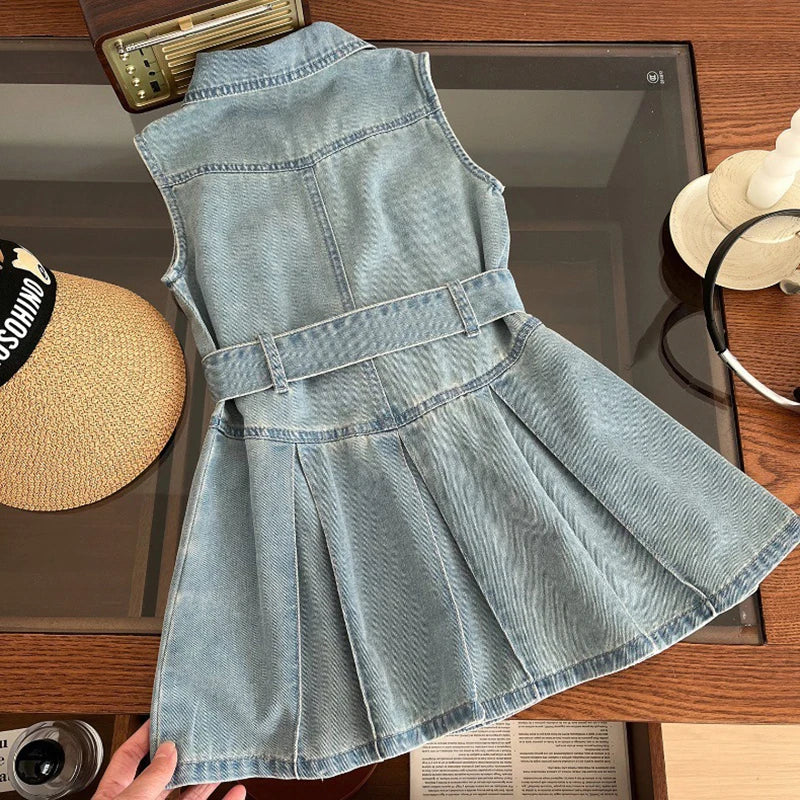 Summer New Girls Denim Dress Belt Decoration Lapel Collar Sleeveless Tutu Princess Dress For 2 -10 Years Kids Fashion Dress Lizbert