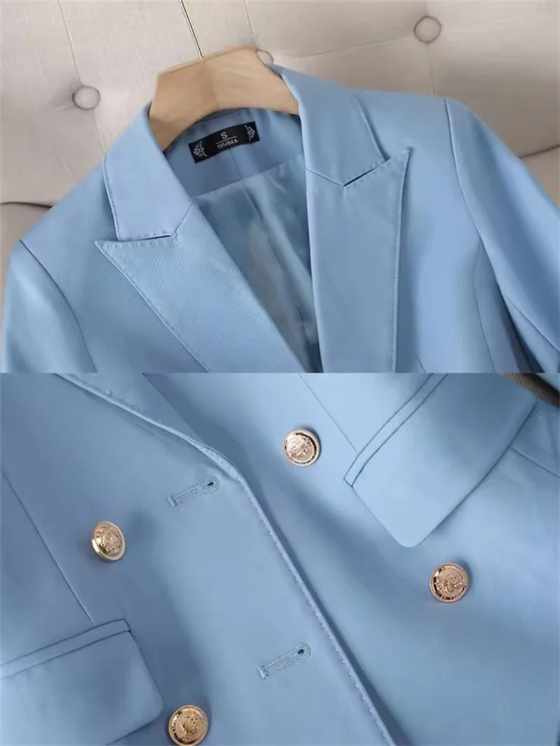 Fashion Office Ladies Pant Suit 2 Piece Sets Women Solid Double-breasted Business Work Wear Blazer Jacket and Trouser Female Lizbert