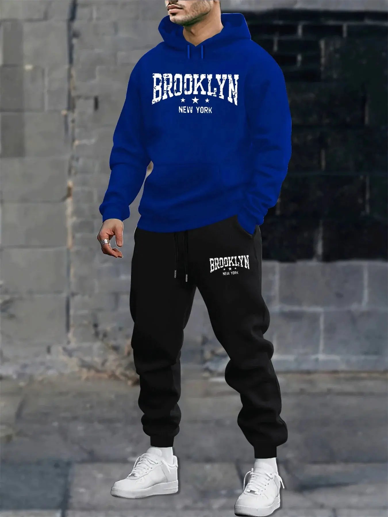 men's sweatshirt  autumn and winter casual fashion warm Brooklyn New York letter printed loose plush thick hooded sweatshirt+sweatpants set Lizbert