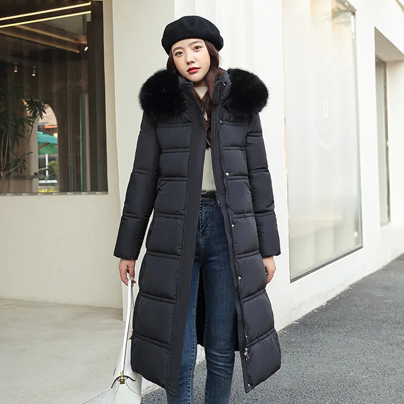Winter 2025 New Women's Clothing Thickened Long Style Over the Knee Big Fur Collar Hooded Cotton Jacket Down Cotton Jacket Cot Lizbert