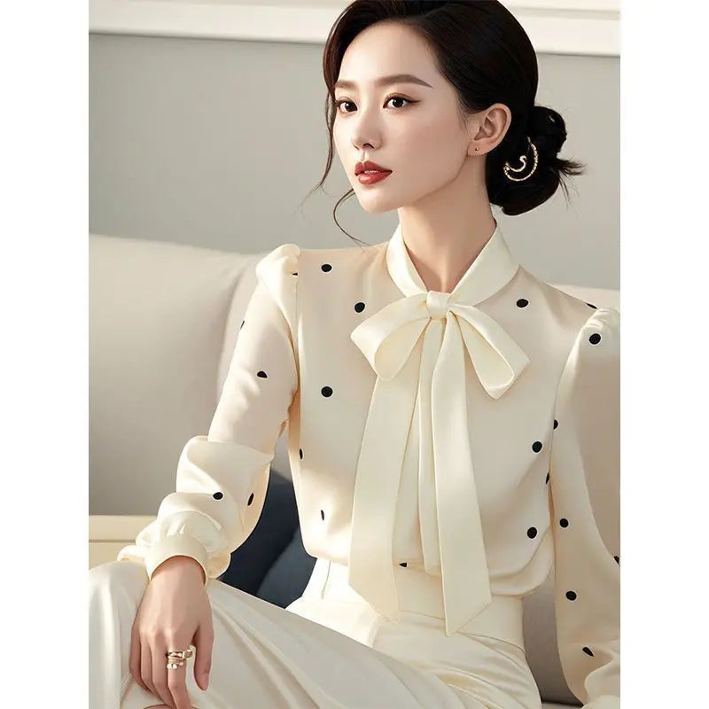 2026 Autumn Women's Polka Dot Bow Tie Blouse Long Sleeve Office Elegant Casual Chiffon Shirt French Style Stylish Ladies Tops Lizbert