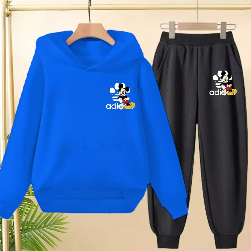 Children's Black Hoodie Anime Mickey Print Pullover 3-12Yrs Coat Sweatshirt+Pants Boys Girls Toddler Sports Clothing Leisure Set
