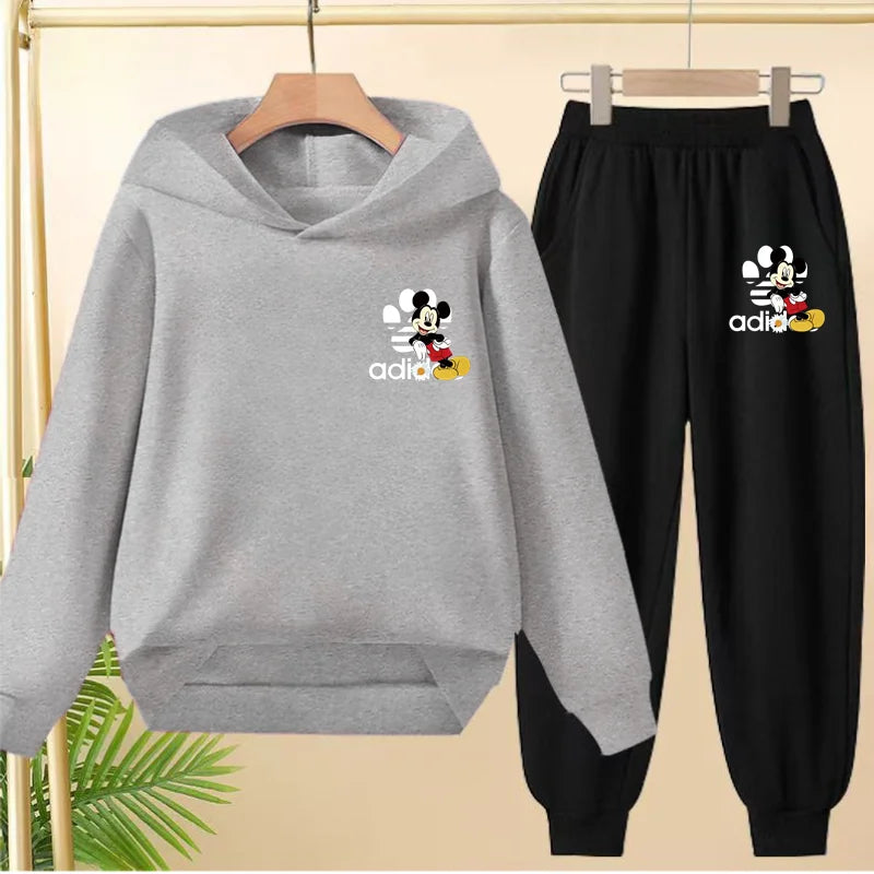 Children's Black Hoodie Anime Mickey Print Pullover 3-12Yrs Coat Sweatshirt+Pants Boys Girls Toddler Sports Clothing Leisure Set