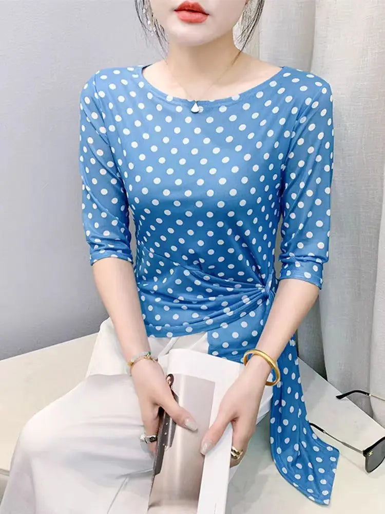 Summer Half Sleeve T-shirts Women Print Polka Dots Mesh Tops Girl Irregular Sweet Tshirt Lizbert
