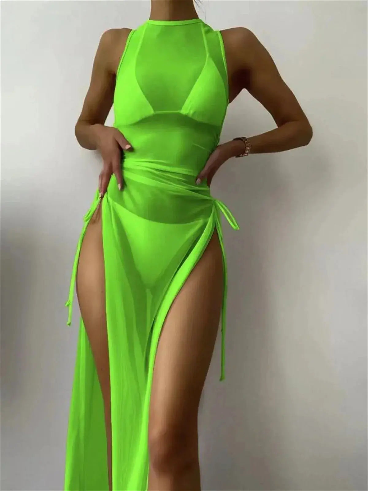 Sexy Sleeveless Mesh Bikini Cover Up Green White Dress 3 Piece Swimsuit Beach See Through Beach Bathing Suit Thong Swimwear 2024 Lizbert