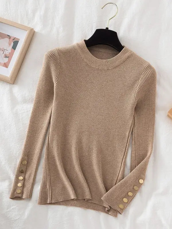 2025 women thick sweater pullovers khaki casual autumn winter button o-neck chic sweater female slim knit top soft jumper tops - Lizbert